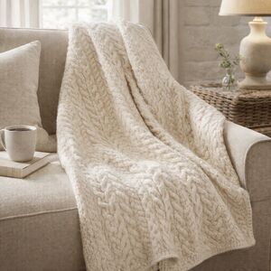 Aran Mor Ireland 100% Merino Wool Throw Blanket Cable Knit Cream Ivory 35”X 58”